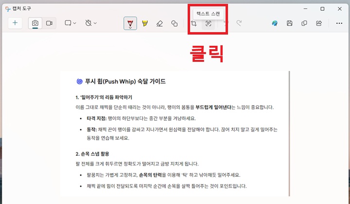 캡처도구 상단 메뉴에서 텍스트 스캔 메뉴 보임