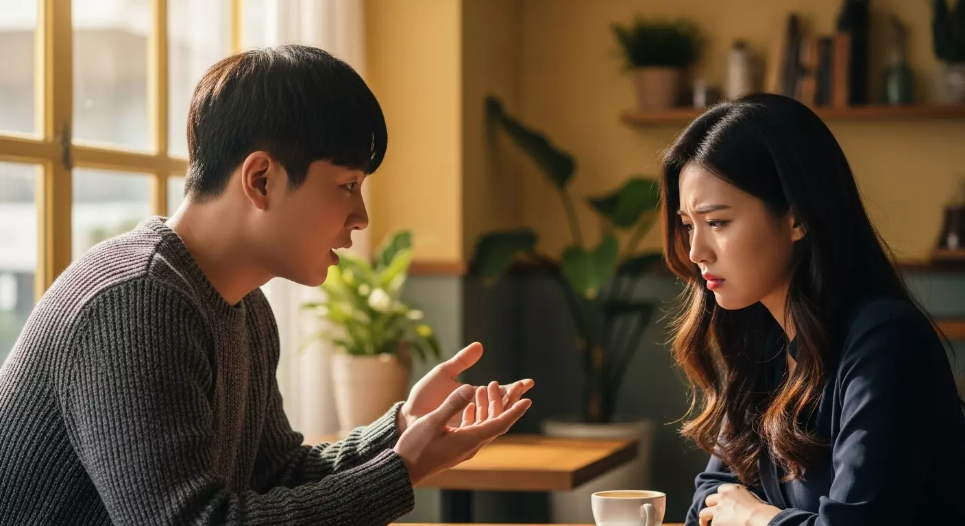 남자와 여자가 이야기하고 있는 장면