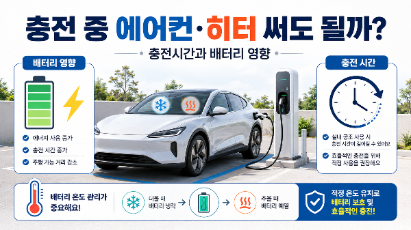 충전 중 에어컨&middot;히터 사용과 충전시간, 배터리 영향 관계를 안내하는 이미지