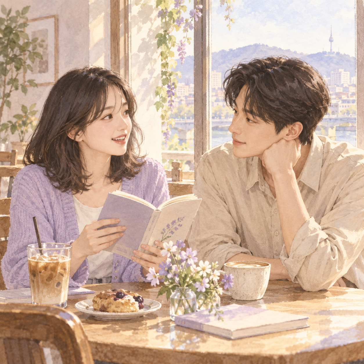 창가 카페에서 지은이 가져온 책을 현우와 함께 나누는 모습