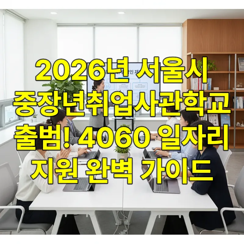 밝은 현대적 강의실에서 태블릿과 노트북을 활용해 열정적으로 직무 교육을 받고 있는 서울시 4060 중장년층의 활기찬 모습