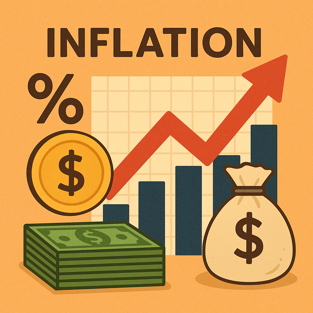 인플레이션을 상징하는 빨간 상승 화살표, 퍼센트 기호, 달러 기호가 있는 동전과 지폐, 돈 자루, 막대 그래프가 포함된 평면 스타일 일러스트