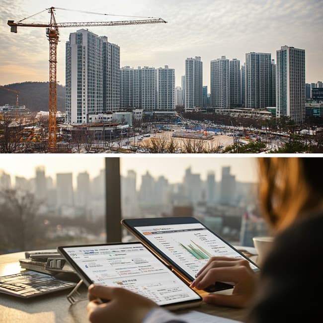 부동산 매물 비교 중인 청년의 카페 테이블 실사 이미지