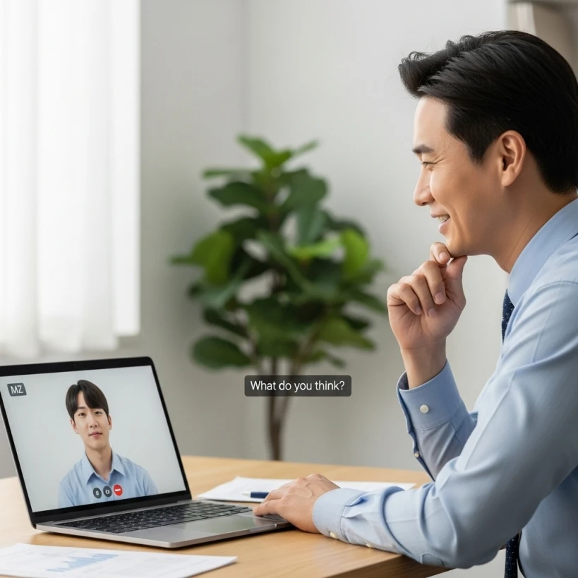 MZ부하에게 영상으로 의견을 묻는 영포티 상사