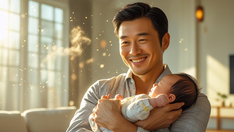 햇살 가득한 거실에서 아빠가 아기를 품에 안고 환하게 웃는 모습, 따뜻하고 감성적인 육아 순간
