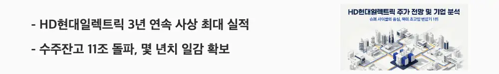 HD현대일렉트릭 주가 전망: 'HD현대일렉트릭 3년 연속 사상 최대 실적'이라는 문구가 포함된 웹배너 이미지. 이 이미지는 매출 성장세와 11조원을 넘어선 수주잔고를 시각적으로 전달하며, 블로그의 HD현대일렉트릭 실적 분석과 관련된 내용을 설명함