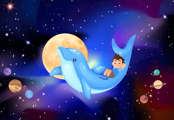 둥그런 보름달 앞에 하늘색 돌고래가 남자아이를 등에 태우고 밤하늘을 날고있다. 별들이 매우 많다.