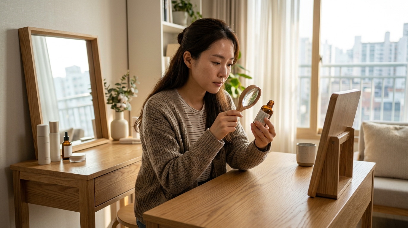 화장품-성분표를-돋보기로-자세히-확인하는-모습