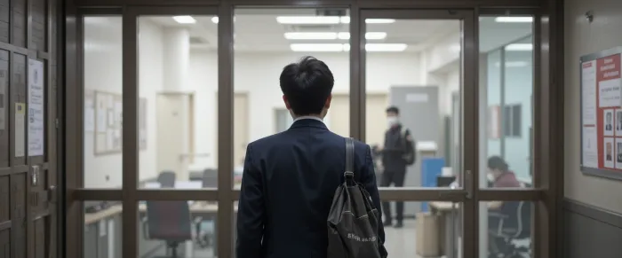 병원에 건강검진을 받으러 걸어가는 직장인의 모습