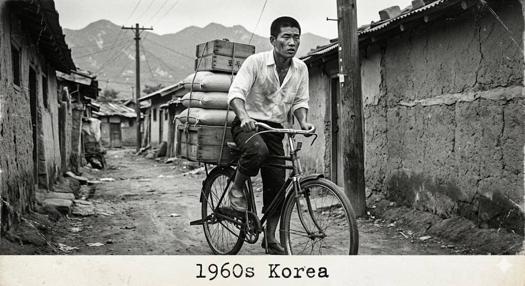 1960년대 한국 자전거 배달부 연탄 두부 신문 생계수단 흑백 빈티지 사진