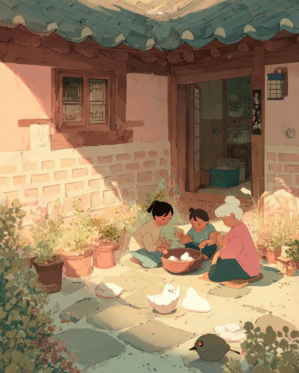 추석 보름달 아래 가족이 송편을 나누는 한국 전통 수묵화