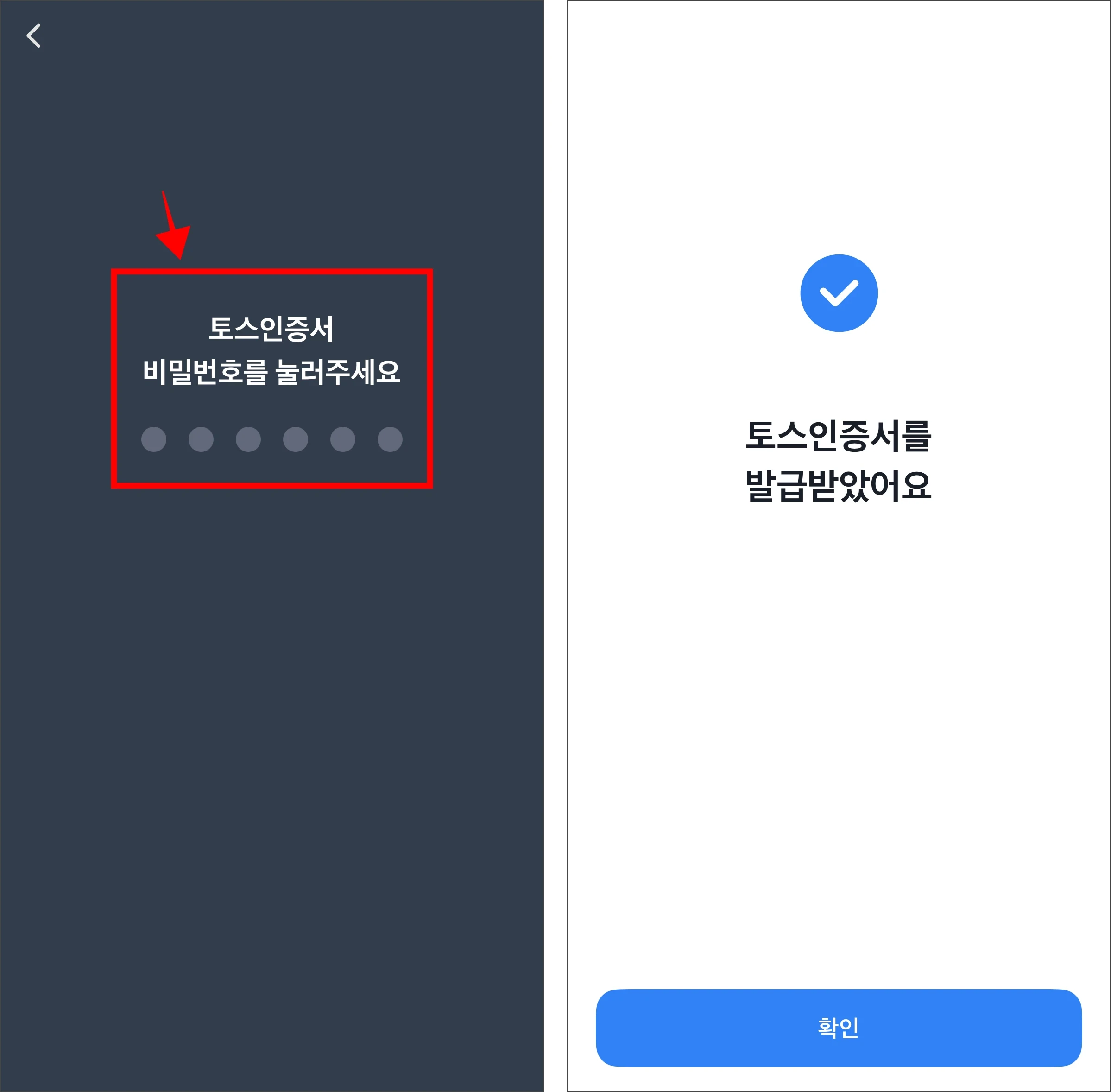 토스인증서에 사용할 비밀번호를 설정하여 인증서 발급을 완료
