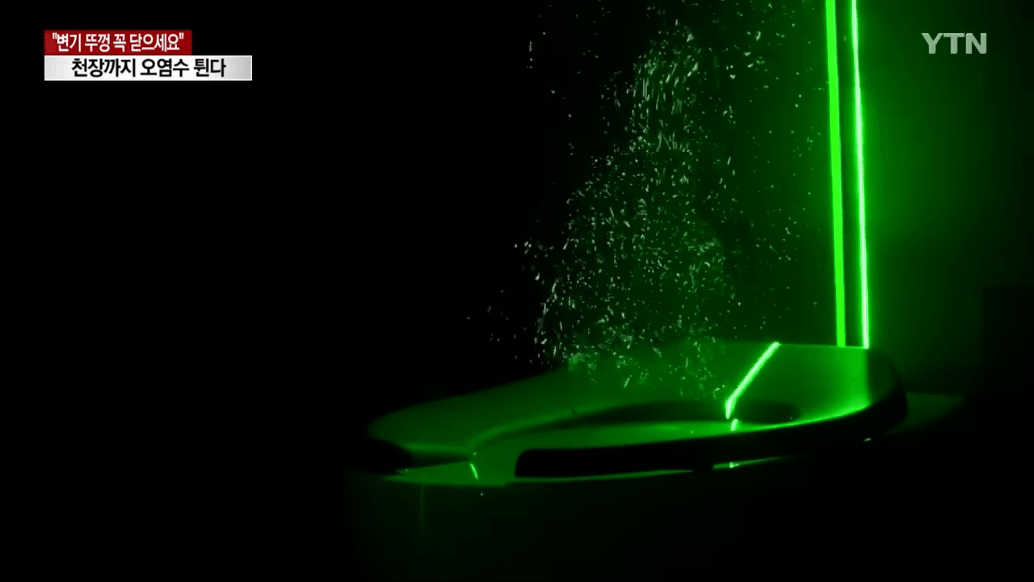 화장실에 변기의 물을 내릴 때 물살의 압력으로 인해 미세한 물방울(에어로졸)이 분사됩니다