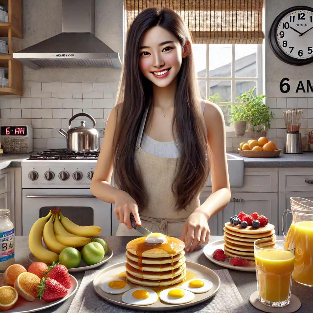 아침 루틴 만들기 긴 생머리 여성 동기부여 아침식사 푸짐하게