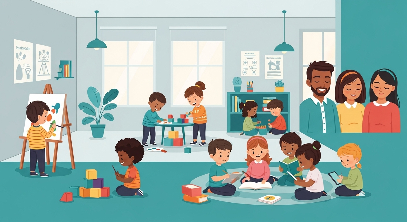 아이들이 밝은 교실에서 즐겁게 공부하고 부모들이 흐뭇하게 지켜보는 일러스트. 교육 및 자녀 돌봄 지원의 효과를 나타냅니다.