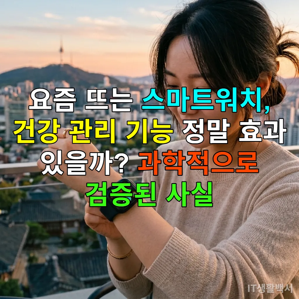 손목에 스마트워치를 착용한 한국인이 건강 데이터를 확인하는 모습. 배경은 서울의 노을 지는 도심 풍경이다.