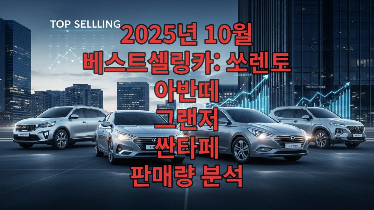2025년 10월 베스트셀링카 쏘렌토, 아반떼, 그랜저, 싼타페가 현대적인 도시를 배경으로 역동적으로 전시된 모습, 판매 트렌드를 암시하는 시각적 요소 포함.