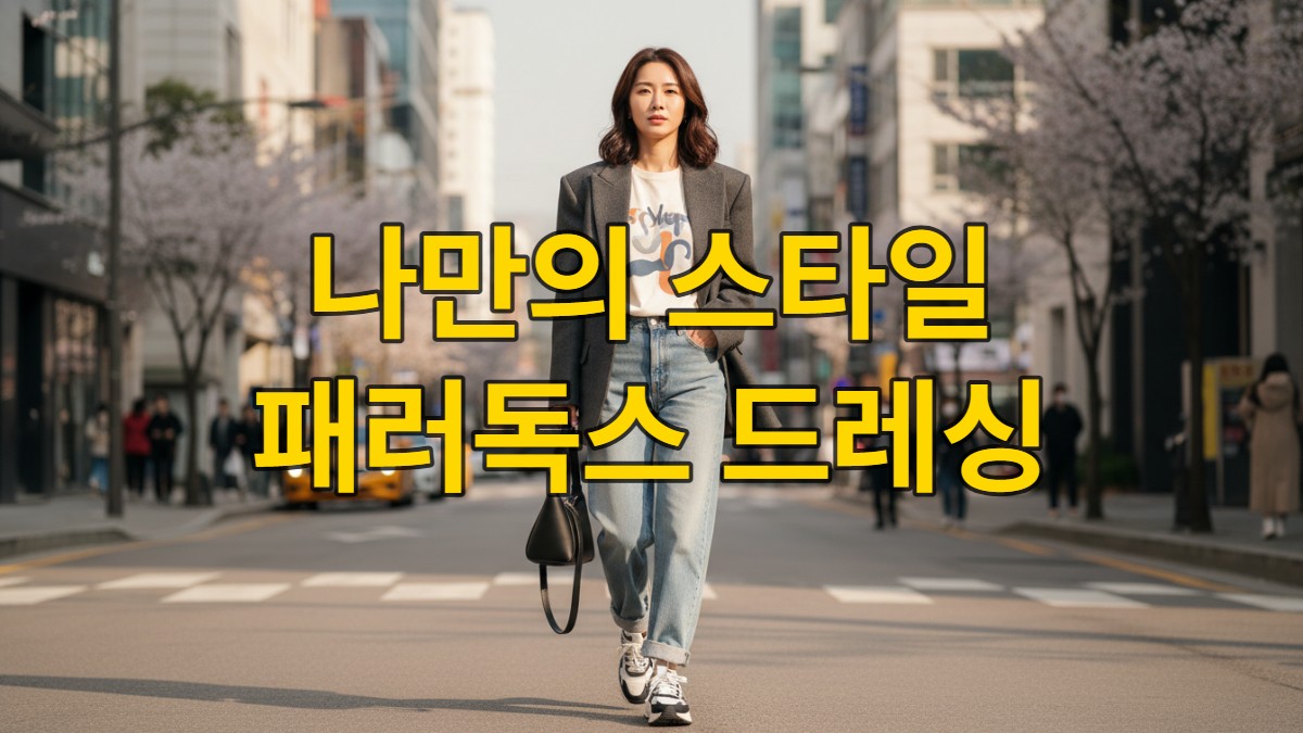 2026년 최신 트렌드 패러독스 드레싱을 완벽하게 소화한 한국 여성의 모습. 포멀한 블레이저와 캐주얼한 그래픽 티셔츠, 와이드 데님 팬츠, 스니커즈를 믹스매치하여 개성 있는 스타일을 연출했습니다.