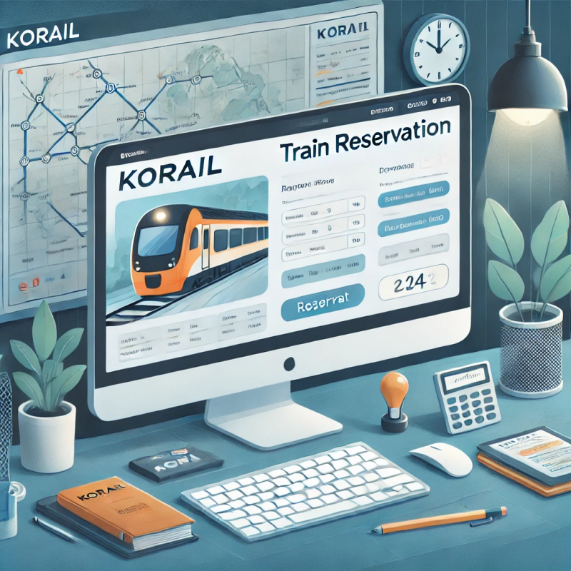 코레일 홈페이지에서 열차 예약 페이지를 보여주는 데스크톱 화면의 전문적이고 깔끔한 디자인.