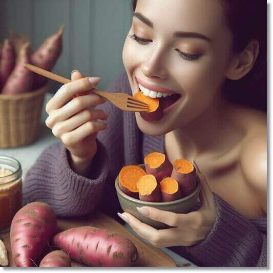 생 고구마 먹는 여성