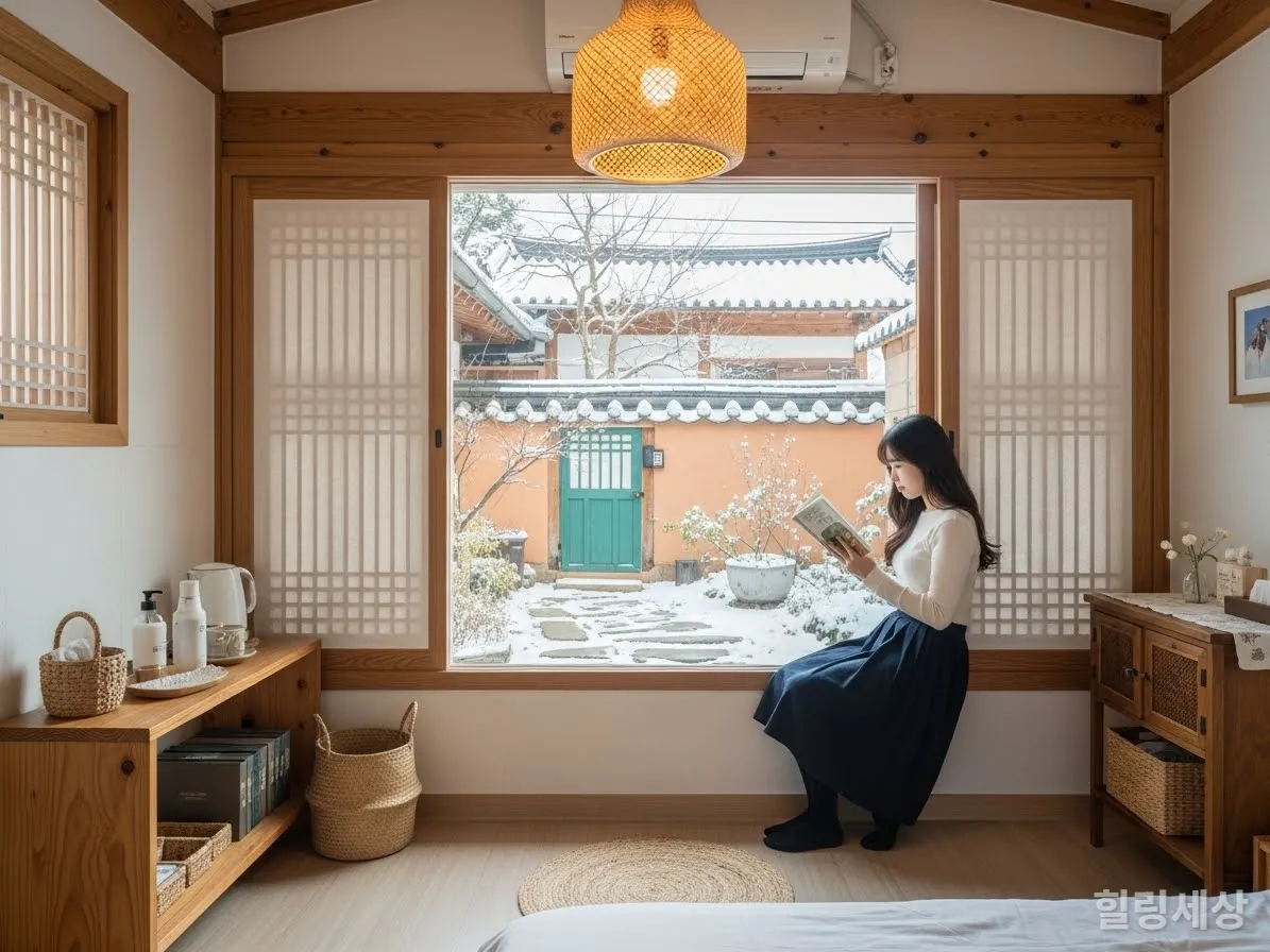친환경 한옥 숙소에서 휴식하는 한국인 여성