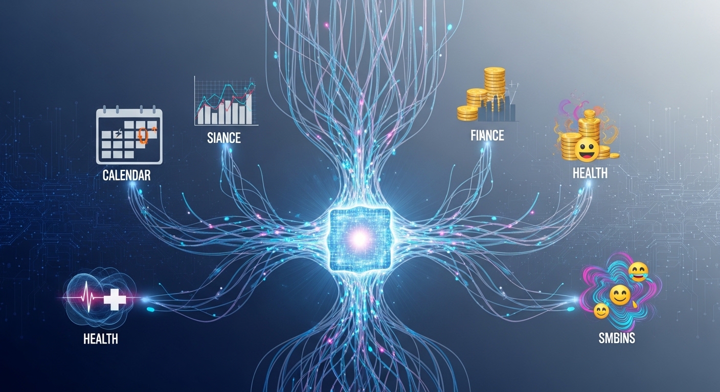 데이터 흐름과 연결을 통해 사용자를 깊이 이해하는 AI의 추상적 이미지. 일정, 재정, 건강 등 개인 생활이 연결되는 모습.