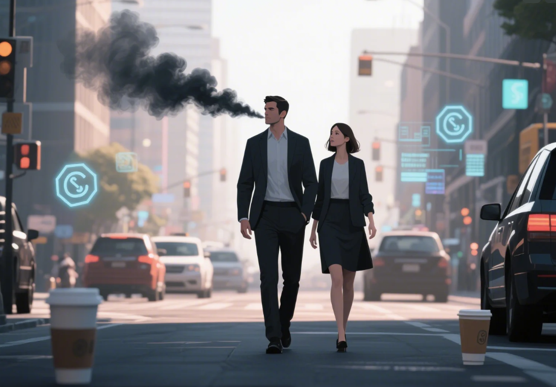 도심 거리에서 남성과 여성이 걷고 있으며, 남성에게만 탄소 배출을 상징하는 어두운 증기와 데이터가 떠 있는 디지털 일러스트