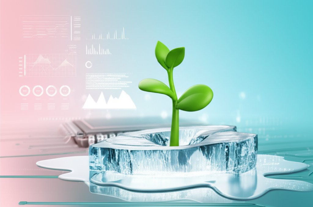 꽃샘추위 같은 시장 하락을 뚫고 성장하는 코스피를 나타내는 초록 새싹과 반도체 칩, 소프트 3D 일러스트