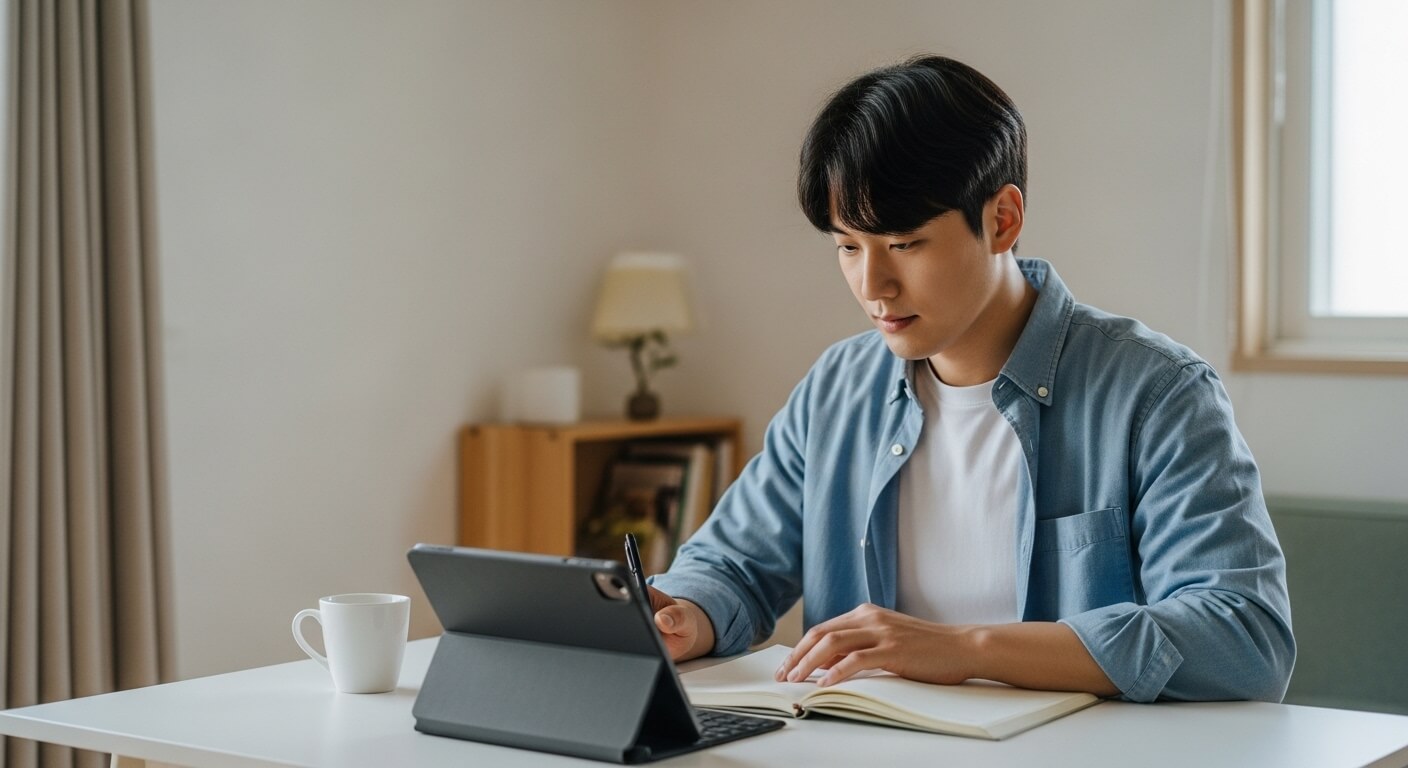 청년이 태블릿으로 청년월세지원 신청을 준비하는 모습