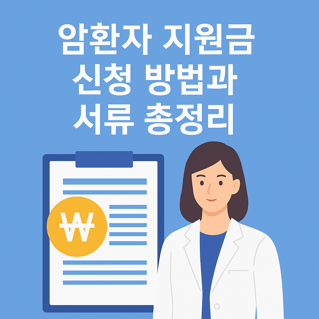암환자 지원금 신청 방법과 서류 총정리를 주제로 한 썸네일 이미지. 서류와 원 표시가 있는 클립보드 옆에 의료진이 서 있고, 상단에는 해당 주제의 한국어 문구가 흰 글씨로 강조되어 있음