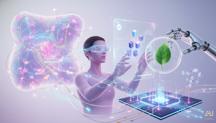 초거대 AI, XR, 그린 테크 등 2026년 주요 기술 트렌드를 상징하는 미래 지향적인 디지털 아트 이미지.