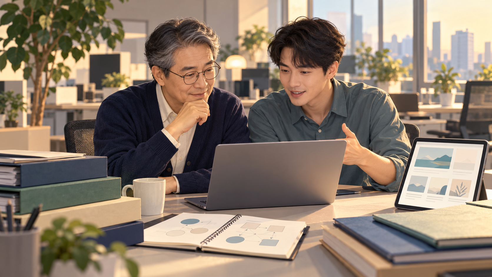 회사 안에서 동료와 새 직무를 배우고 경험을 기록하는 50대 직장인