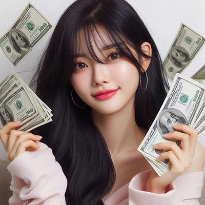많은 돈을 들고 기뻐하는 여성