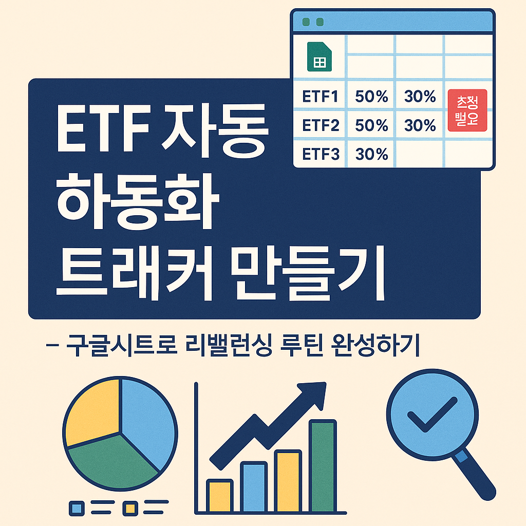 ETF 리밸런싱 자동화를 상징하는 썸네일 – 구글시트 인터페이스, 그래프, 자동화 톱니바퀴 아이콘이 포함된 플랫 디자인 일러스트