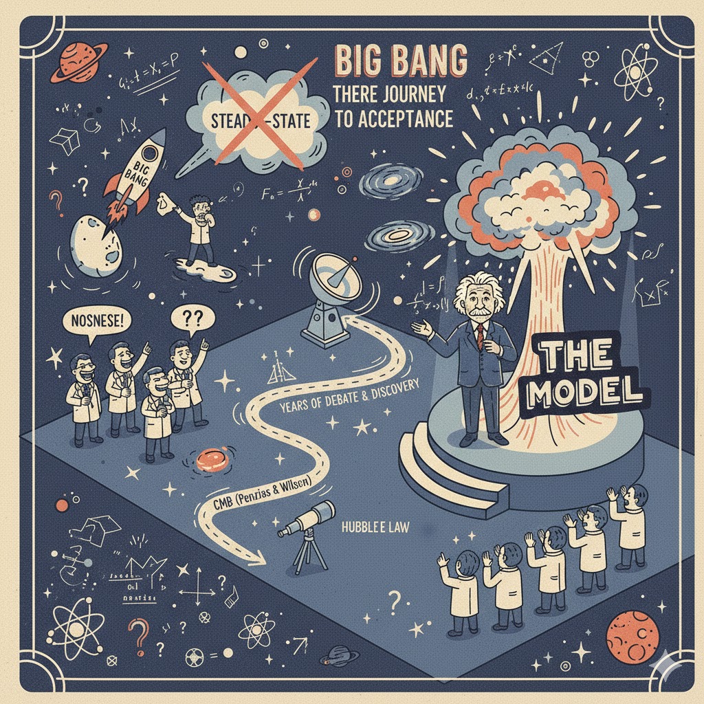 빅뱅 이론이 정설로 인정받기까지의 과정을 보여주는 빈티지 스타일의 인포그래픽. 중앙에 아인슈타인이 'THE MODEL' 단상에서 강연하고 있으며, 주변에는 정상 우주론(STEADY-STATE)에 대한 부정, 허블의 법칙(HUBBLE LAW), 펜지어스와 윌슨의 우주 배경 복사(CMB) 발견 등 과학적 증거들이 길을 따라 배치된 일러스트