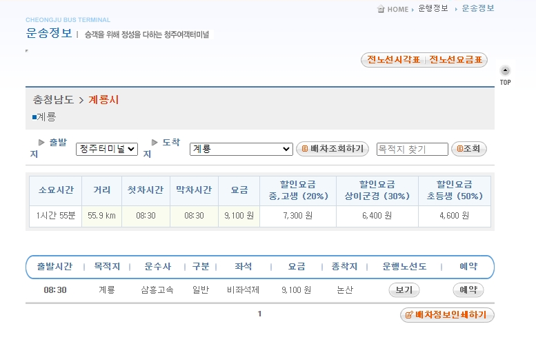 비좌석제 노선으로 현장 발권만 가능하다는 안내 팝업창