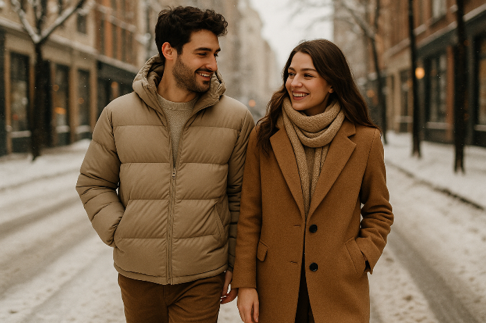 겨울 도심에서 패딩과 코트로 톤을 맞춘 커플 패션 이미지