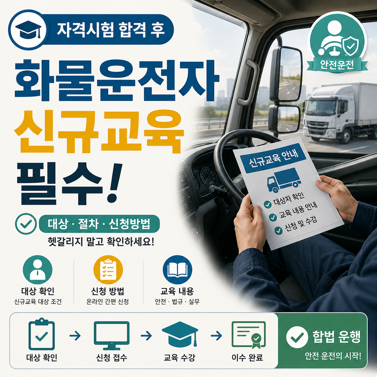 화물차 운전석에서 신규교육 안내문을 확인하는 모습