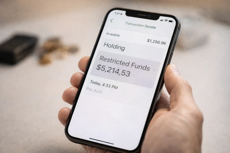 손에 든 스마트폰 화면에 은행 앱 거래 내역이 표시되어 있으며, 사용 가능 잔액과 별도로 ‘Holding’ 또는 제한된 자금으로 보이는 큰 금액이 회색 영역에 강조된 모습. 배경에는 동전과 개인 소지품이 놓인 책상이 흐릿하게 보인다.