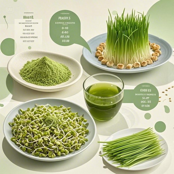 신선한 푸른 보리새싹과 보리새싹 분말, 보리새싹을 활용한 다양한 요리와 음료, 보리새싹의 영양 성분을 보여주는 인포그래픽