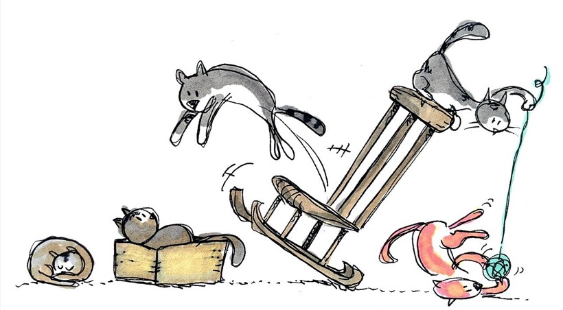 잠자는 고양이, 상자안에 들어가 있는 고양이, 의자에서 뛰는 고양이, 실뭉치를 가지고 놀고있는 고양이 등이 그려져 있는 그림