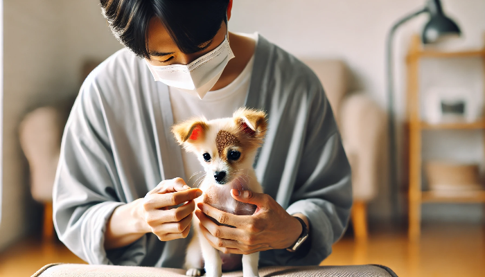 아픈 강아지를 견주가 보살피고 있는 사진