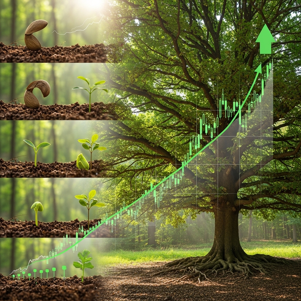 작은 씨앗이 점차 성장하여 큰 나무가 되는 그림. 소액으로 시작하는 주식 투자의 중요성과 점진적인 성장을 시각적으로 보여줍니다.3