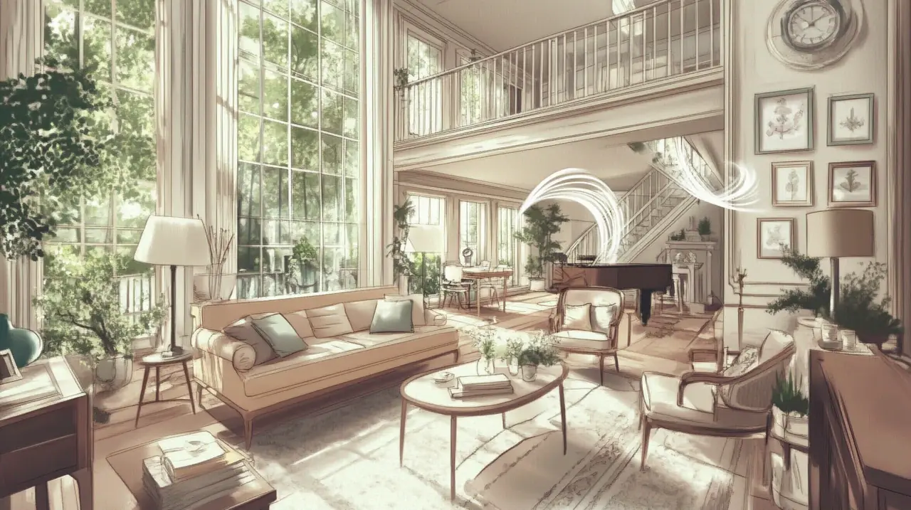 넓은 공간에서 부드럽게 퍼지는 공기의 흐름을 보여주는 일러스트레이션. 무풍 에어컨의 균형 잡힌 바람이 집안을 통과하며 고른 냉방 효과를 제공한다.