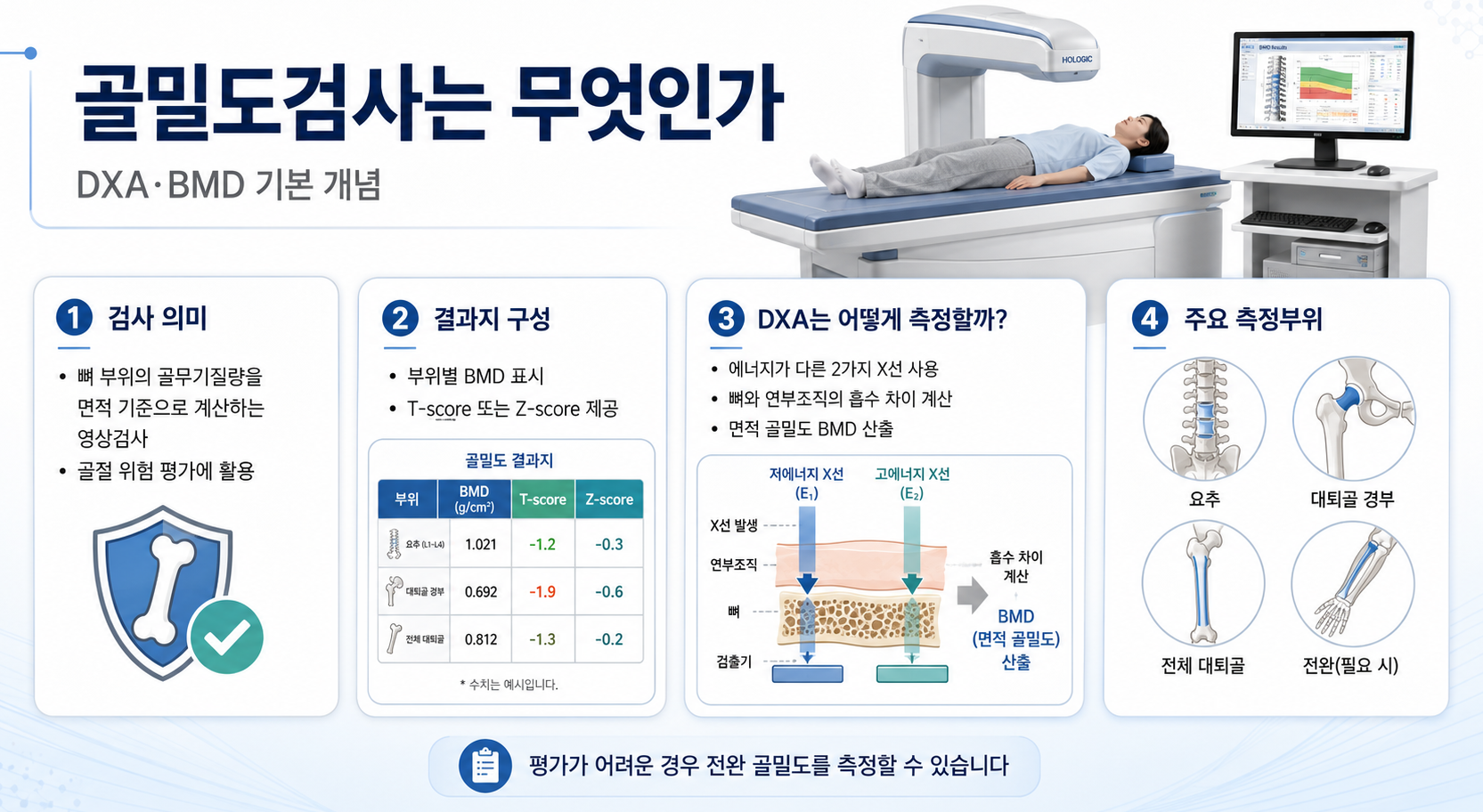 DXA 골밀도검사에서 요추·대퇴골·전완의 BMD를 측정하는 원리