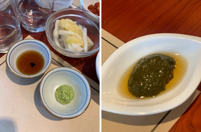 연어 솥밥에 나오는 와사비 및 간장과 전복 솥밥의 전복장