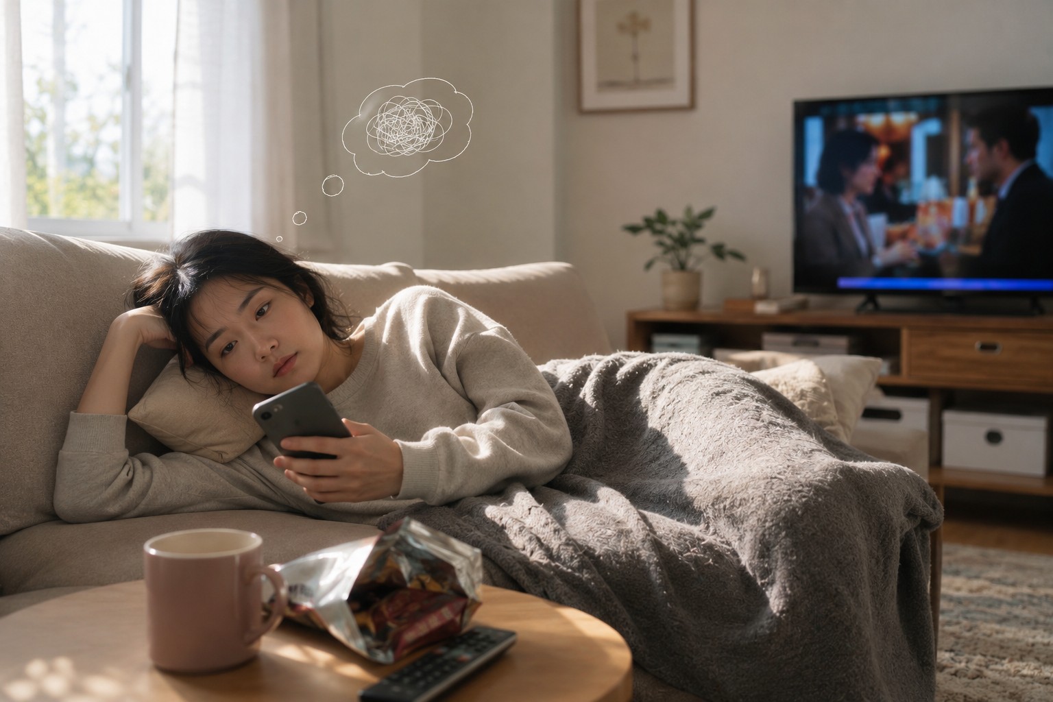 소파에 누워 휴대폰을 보며 쉬고 있지만 복잡한 생각에 잠긴 여성의 모습