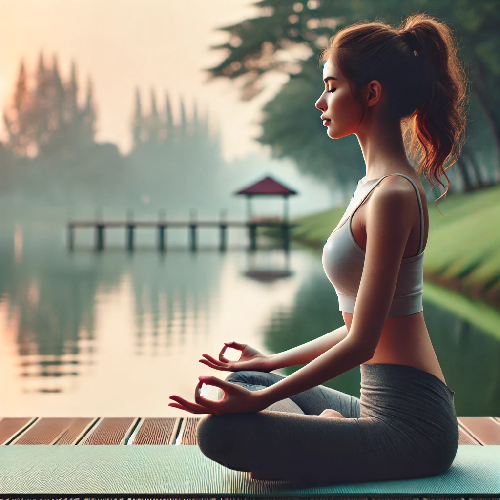 조용한 호수와 나무로 둘러싸인 야외 공간에서 요가 매트에 앉아 깊은 호흡을 연습하는 젊은 여성. 아침 햇살과 평화로운 분위기가 어우러진 장면