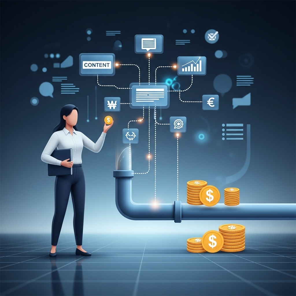 자신만의 구독 모델을 구축하여 안정적인 디지털 수익 파이프라인을 만드는 현대 기업가의 모습. 콘텐츠, 구독 아이콘, 화폐 기호가 디지털 파이프라인으로 연결되는 개념적인 이미지.