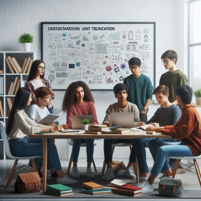 책상 위에 책과 노트북을 두고 협력하는 학생들, 배경에 화이트보드가 보임.